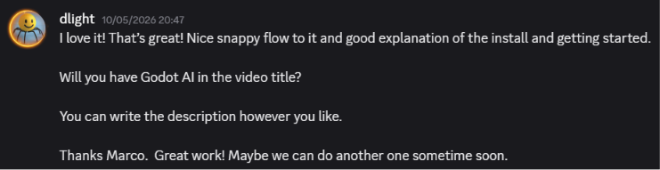 Godot AI: “I love it! Nice snappy flow… great work!”