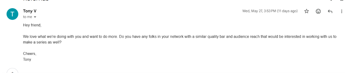 Makko.ai: Tony V asking for referrals to more creators “with a similar quality bar”